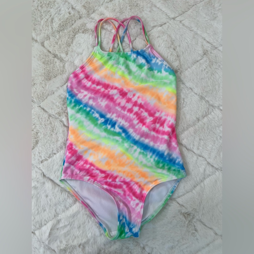 Girls Rainbow Tie Dye One Piece Swimsuit Size 7/8 Strappy Summer Swim